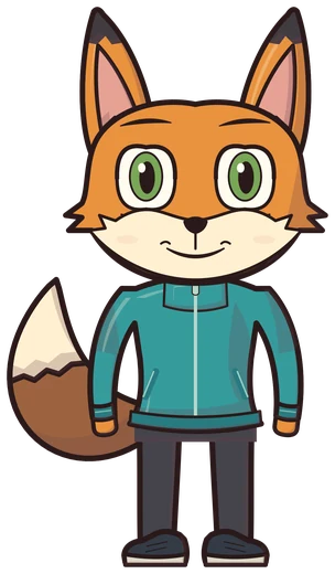 Finn, an orange fox in a teal zip jacket.