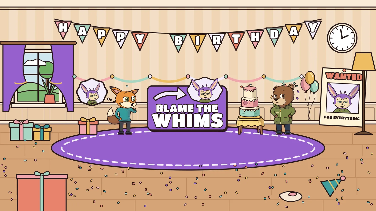 Finn the fox and Bramble the bear at a birthday party, with Tweak the Whim grinning from a thought bubble beside the Blame the Whims sign.