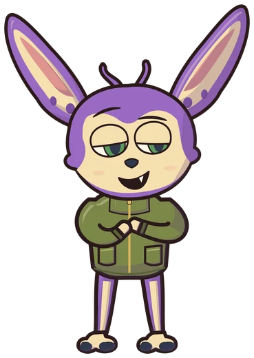 Tweak, a purple Whim with long ears in an olive jacket.